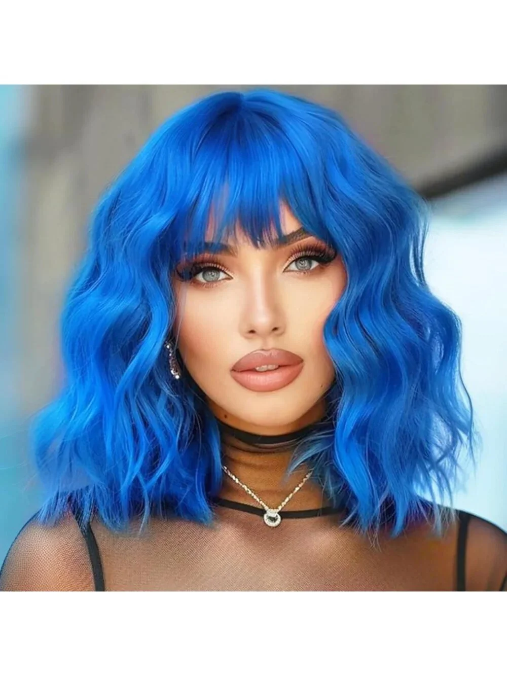 Women's Blue 14 Inch Heat Resistant Short Wavy Hair Pastel Bob Wig Bangs